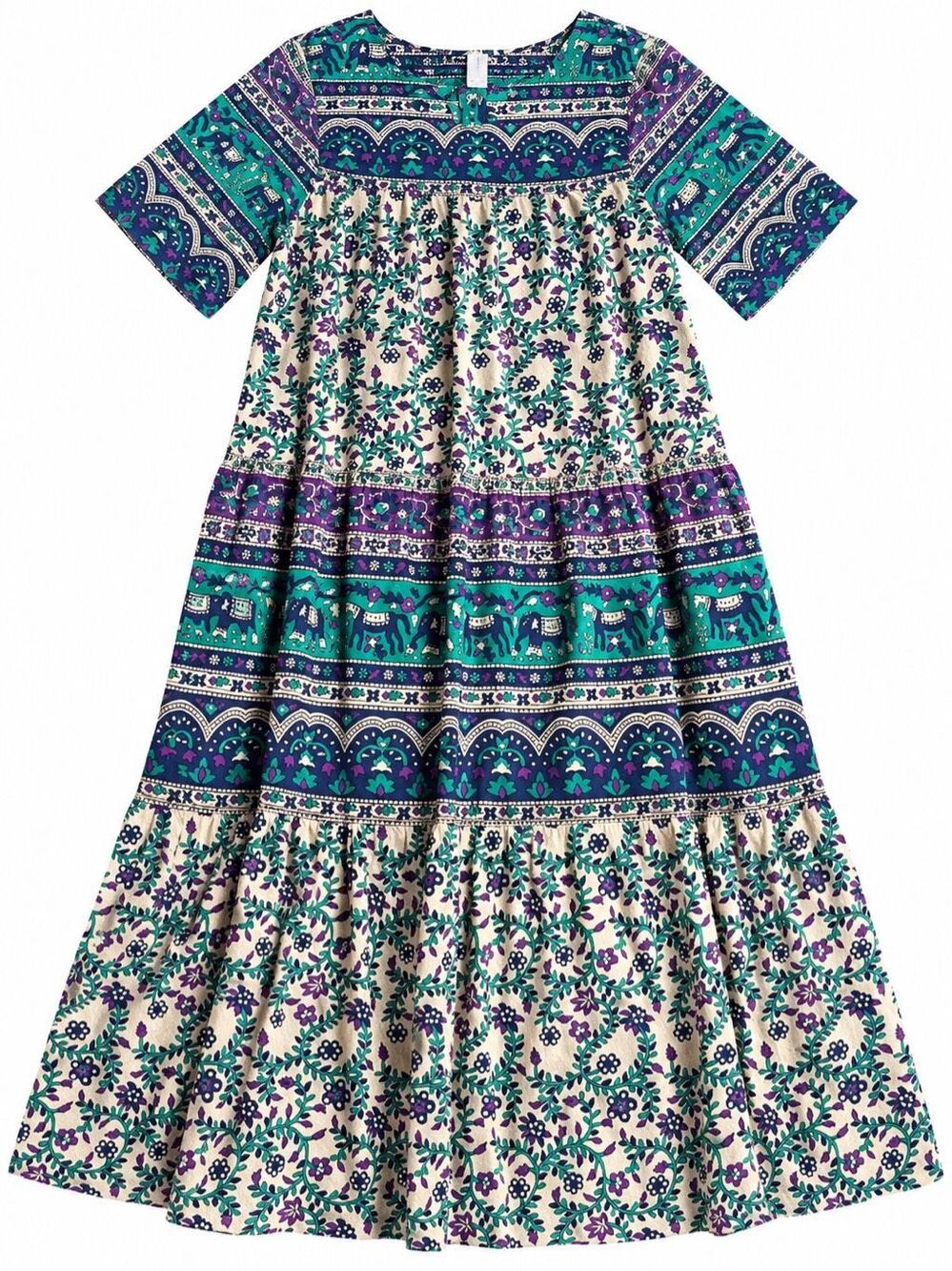The Vermont Country Store Boho Hippie Floral Elephant Print Muumuu Maxi Dress S